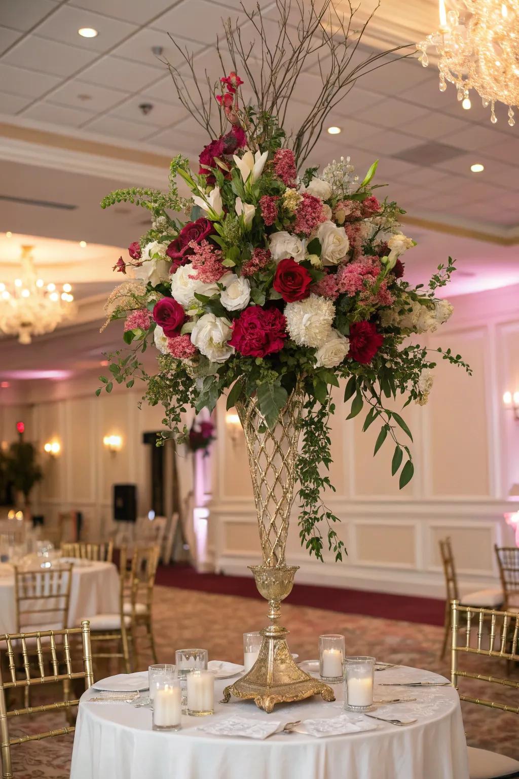 A tall and majestic floral arrangement, adding drama and elegance to the wedding venue.