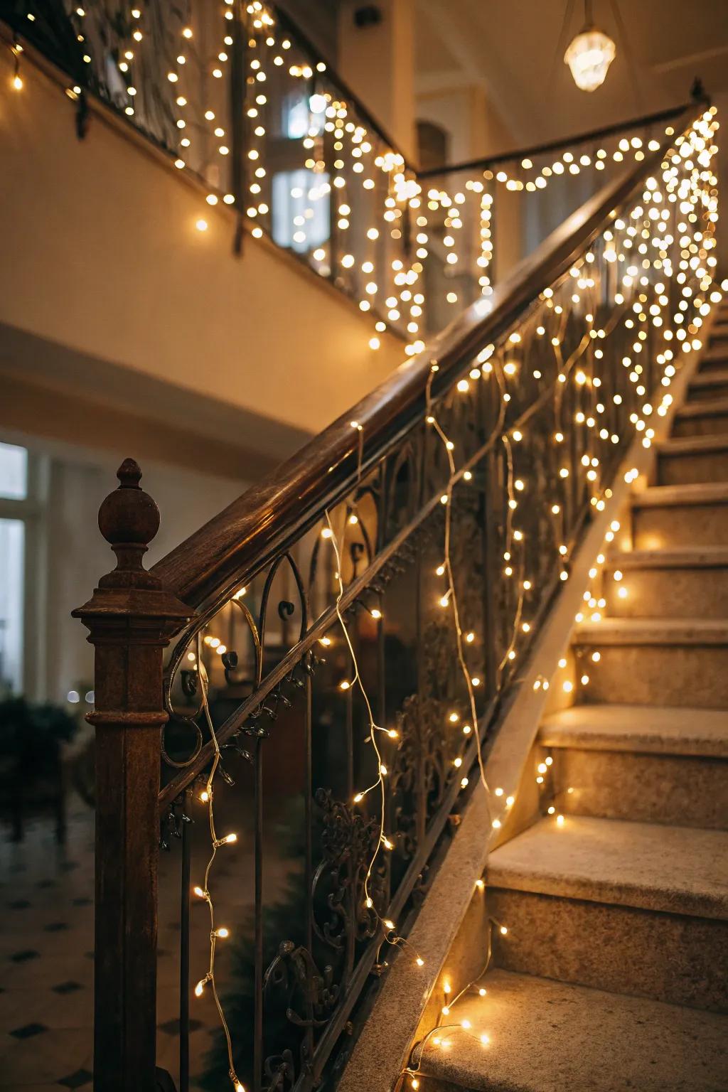 Fairy lights create a magical, starry effect on this wedding staircase.