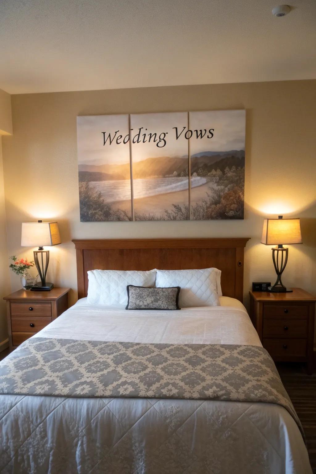 Dreamy canvas prints of vows above a cozy bed.