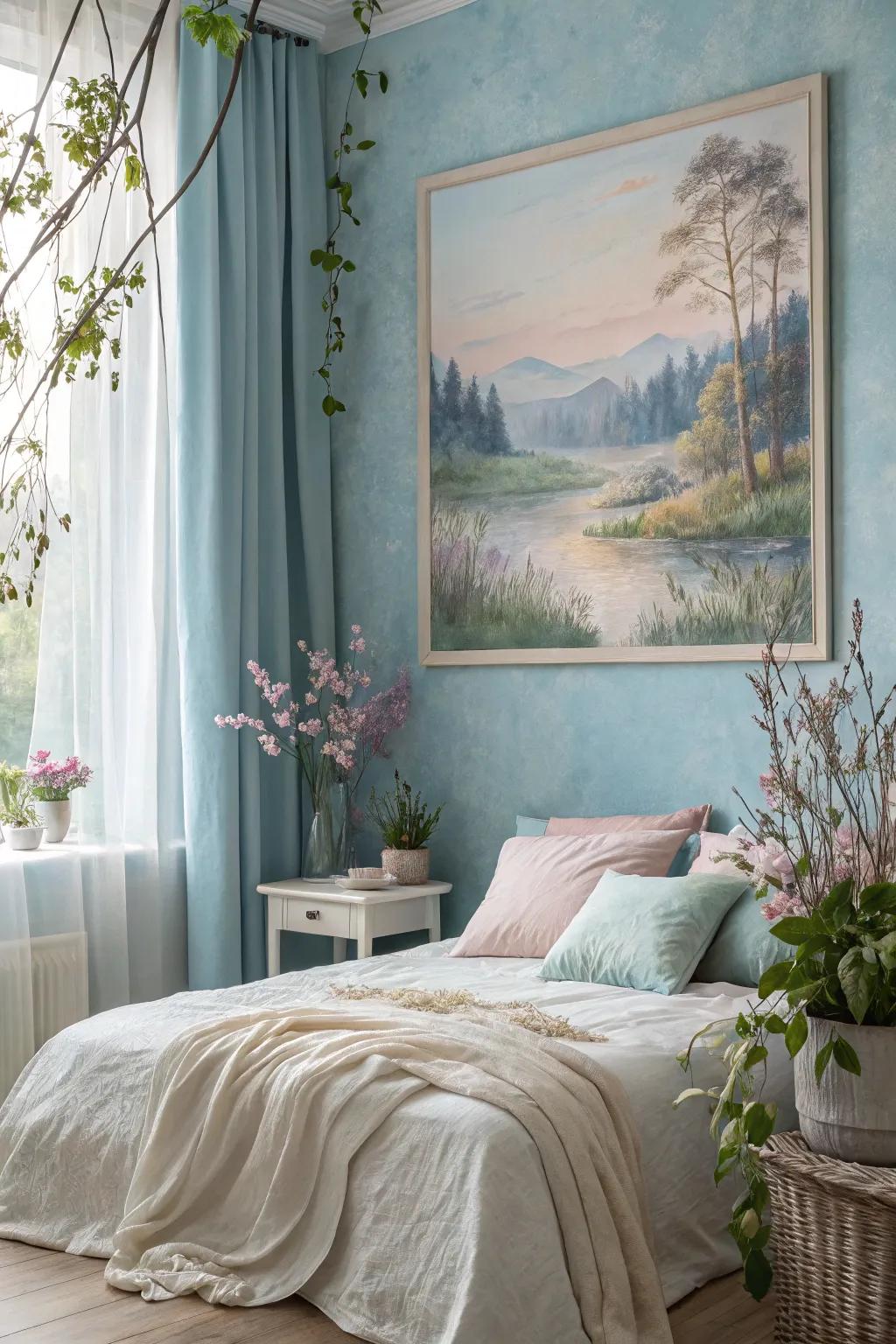 A dreamy watercolor painting creating a calming atmosphere in a bedroom.