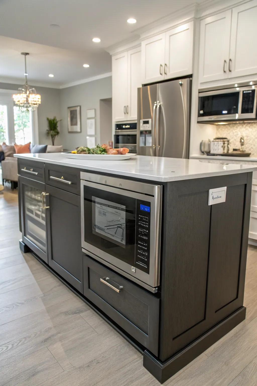 A kitchen island with an integrated microwave enhances functionality and flow.