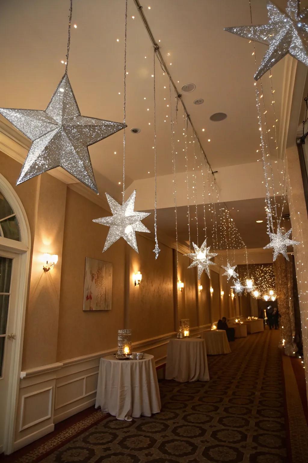 Create a dreamy atmosphere with silver star ceiling decor.