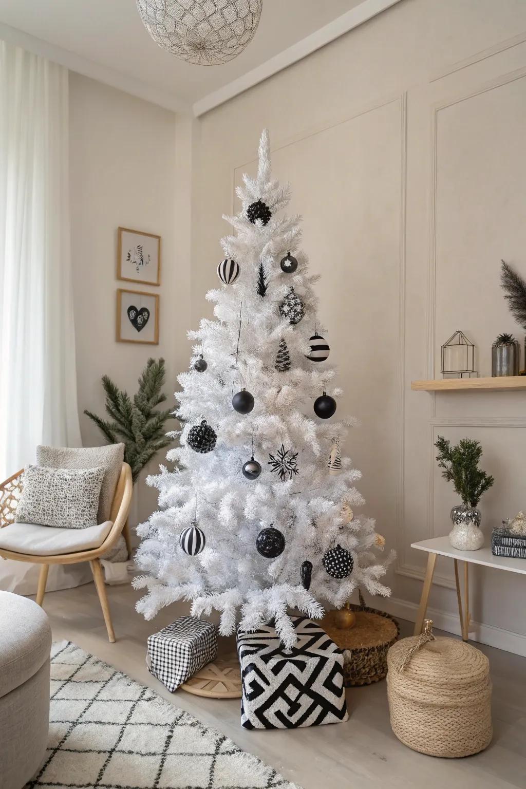 Modern minimalist tree with geometric ornaments for a chic look.