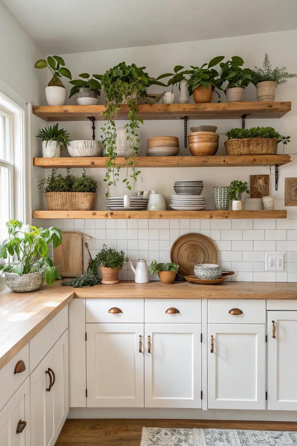 Open shelving provides both storage and style in this modern farmhouse kitchen.