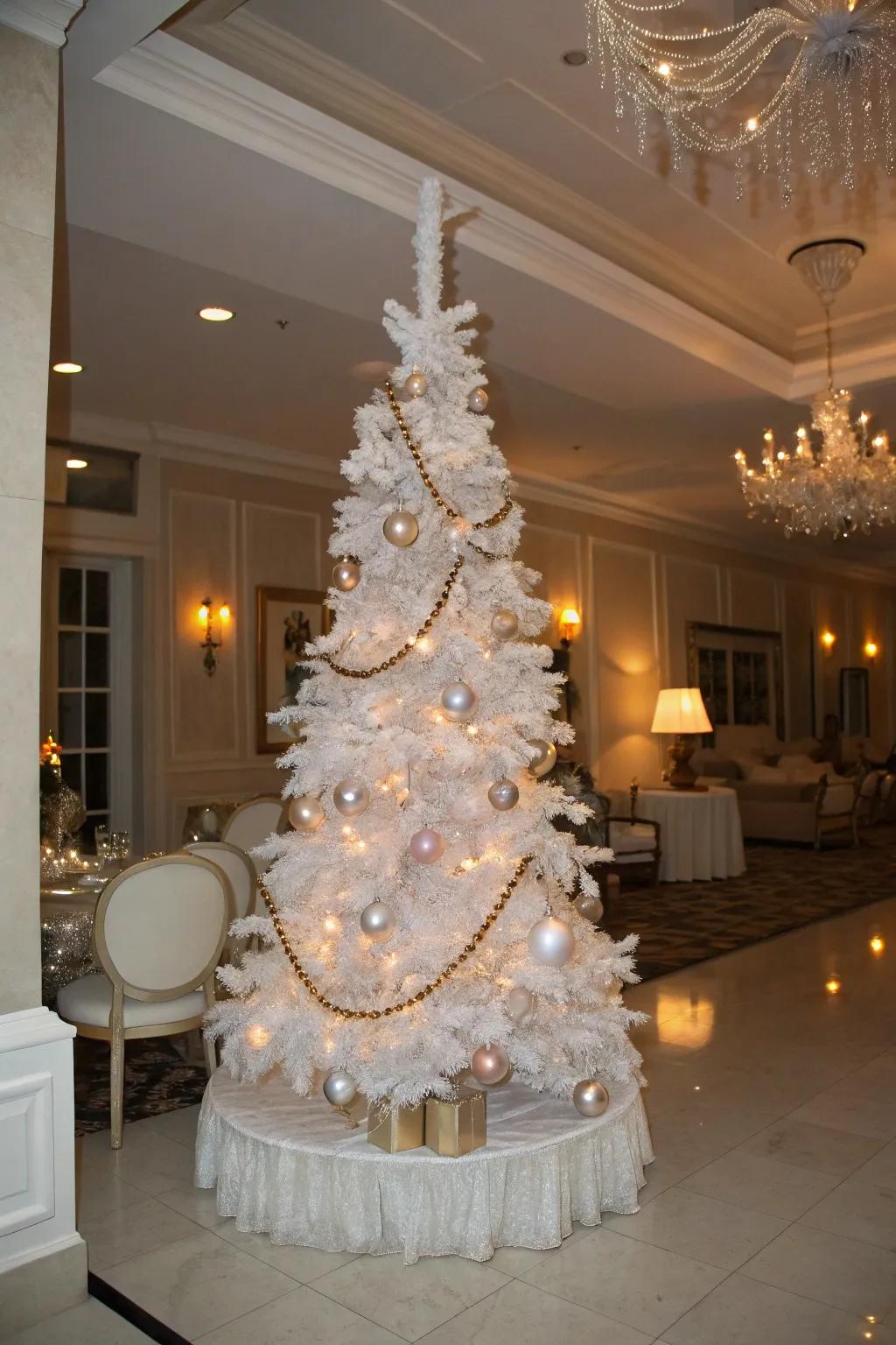 A white pencil tree featuring vintage glam with pearls and nostalgic ornaments.