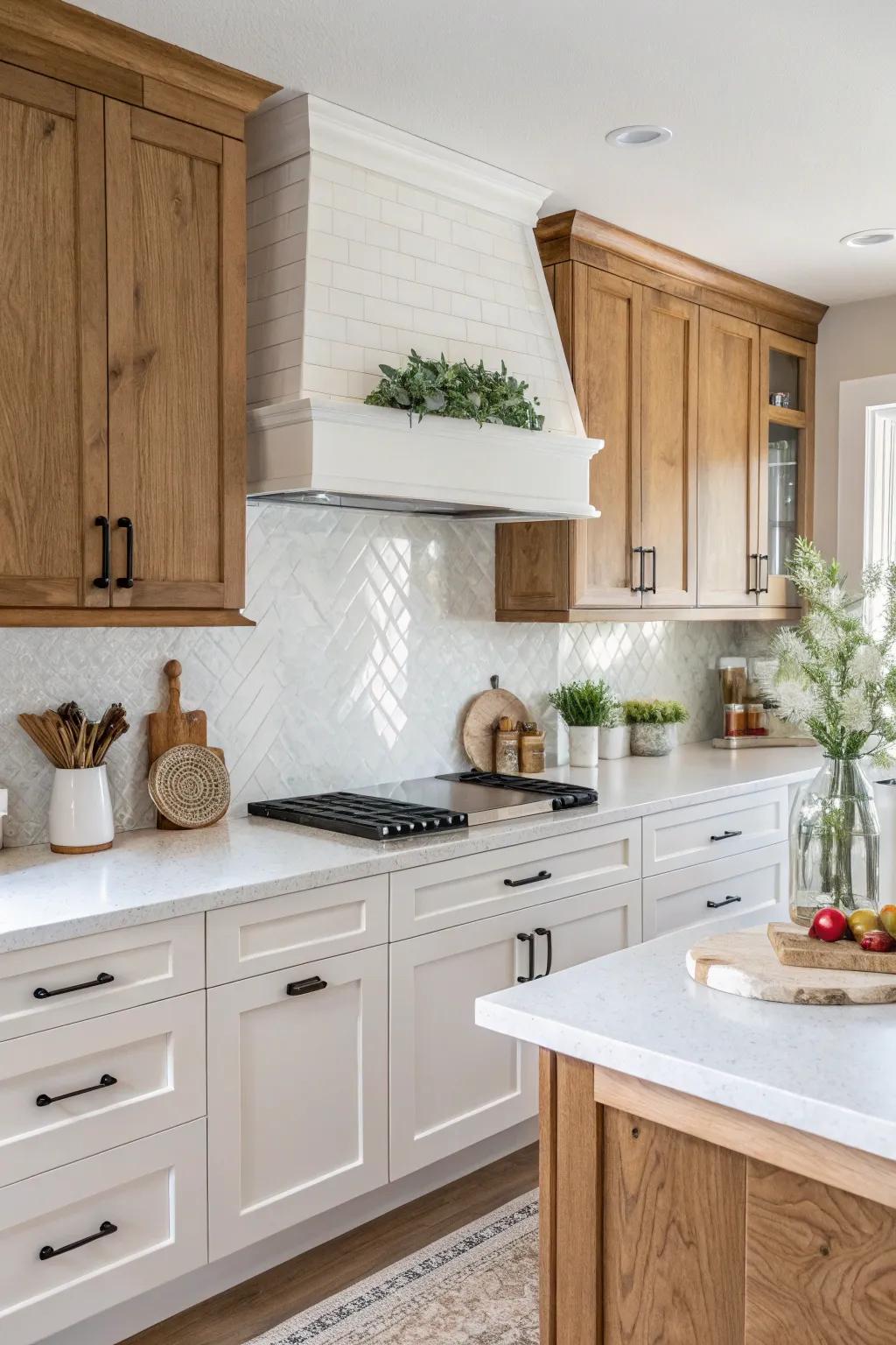 White quartz backsplash paired with natural wood for a warm kitchen design.