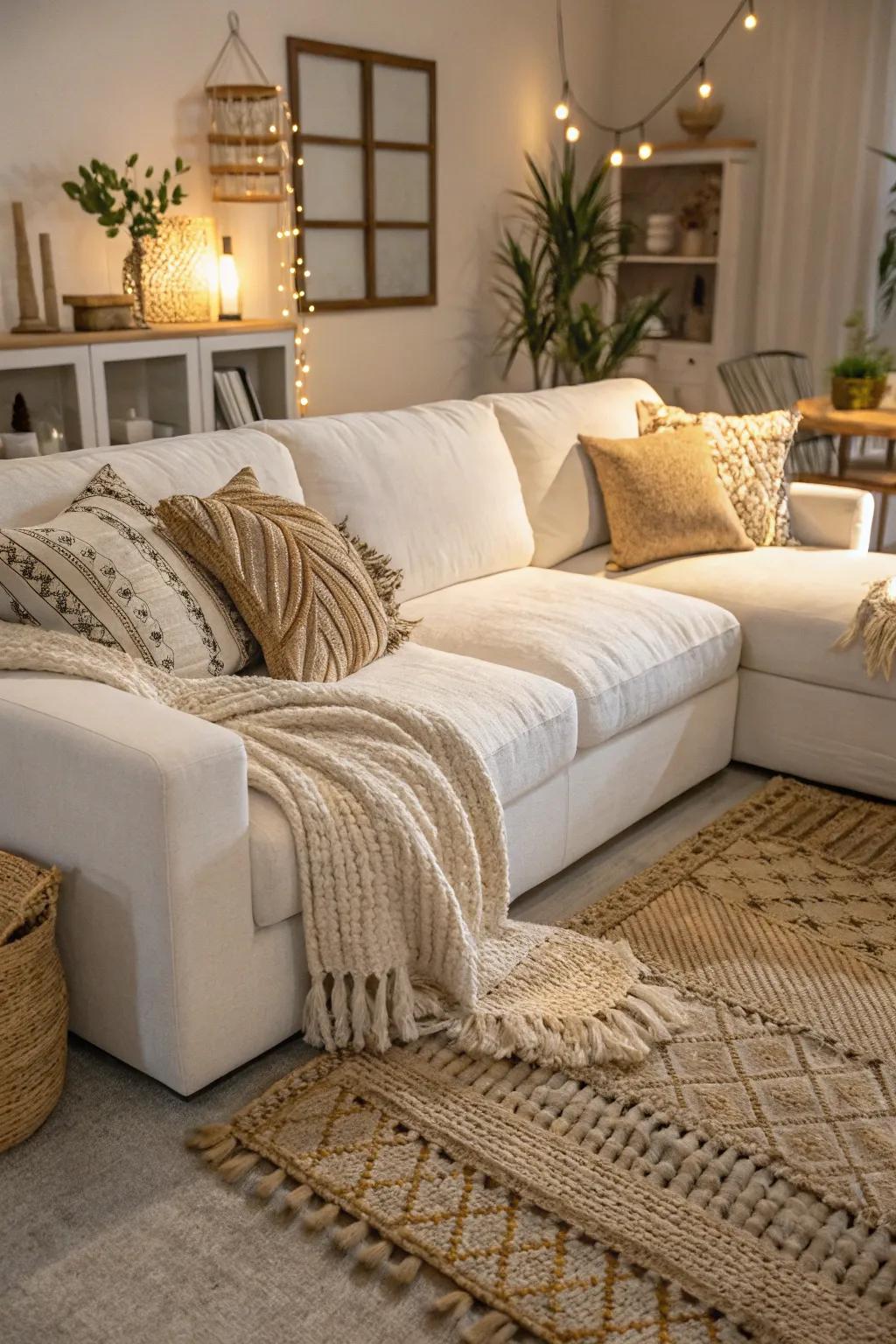 Texture brings depth to a living room with a white sectional.