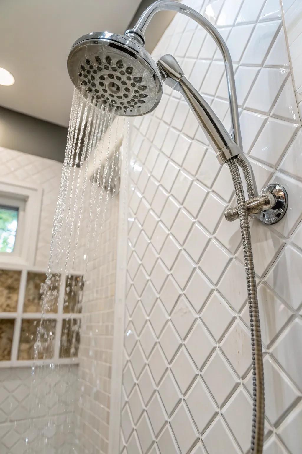 A white shower featuring mixed glossy and matte textures.