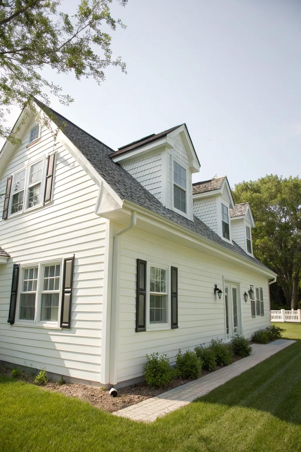 A charming house featuring white vinyl siding and classic dormer windows.