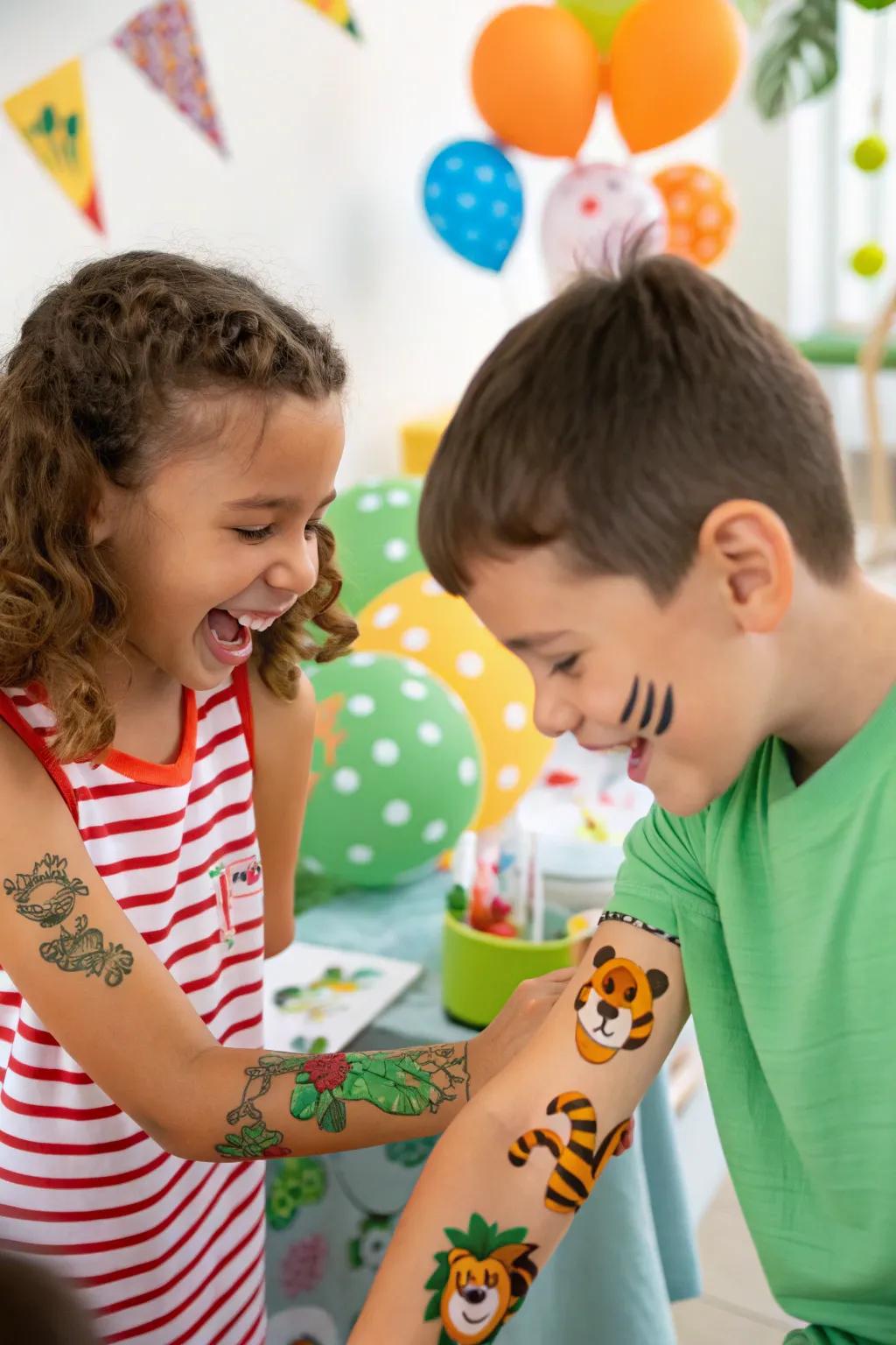 Jungle-themed temporary tattoos add fun to the party.