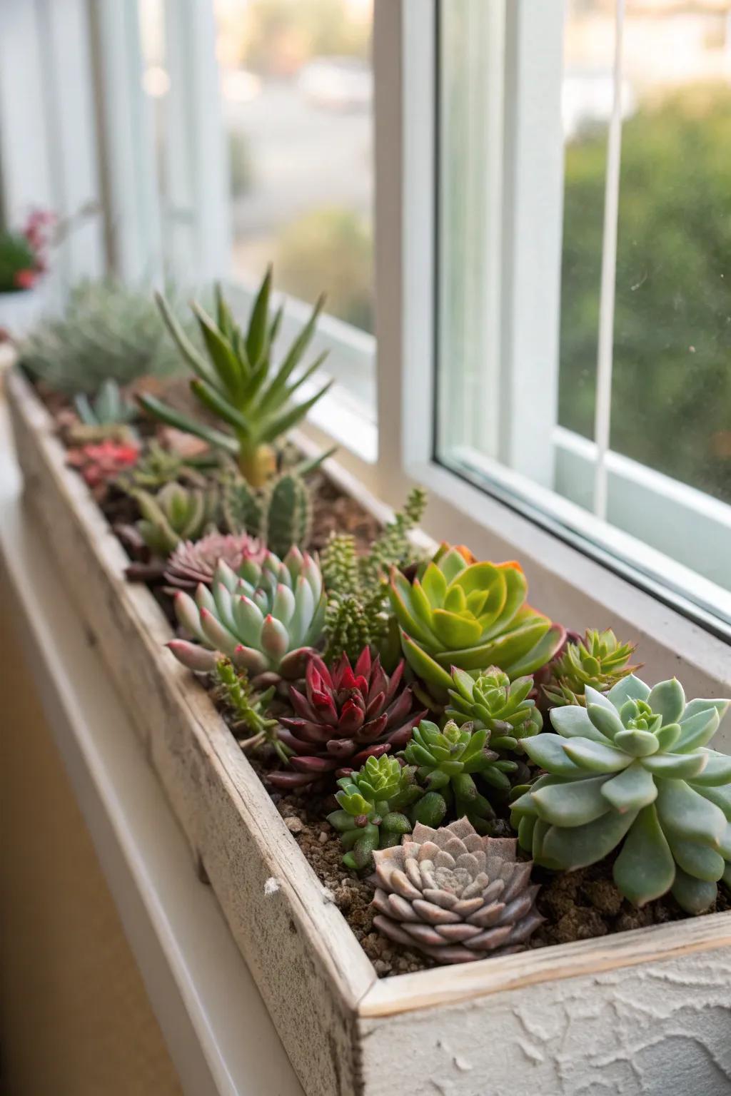 A serene display of succulents in a window box