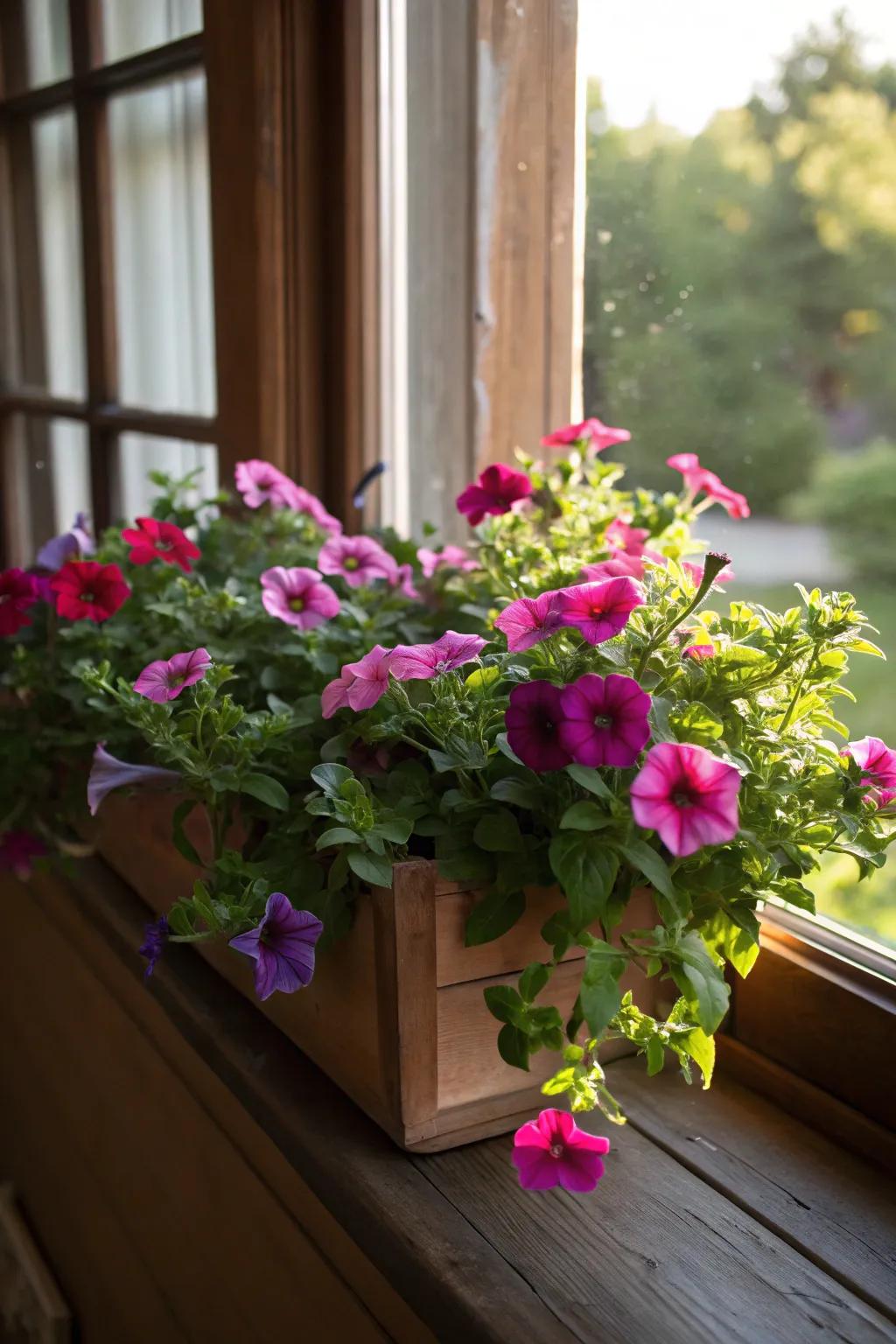 Petunias spilling beautifully over the sides for a lush effect.