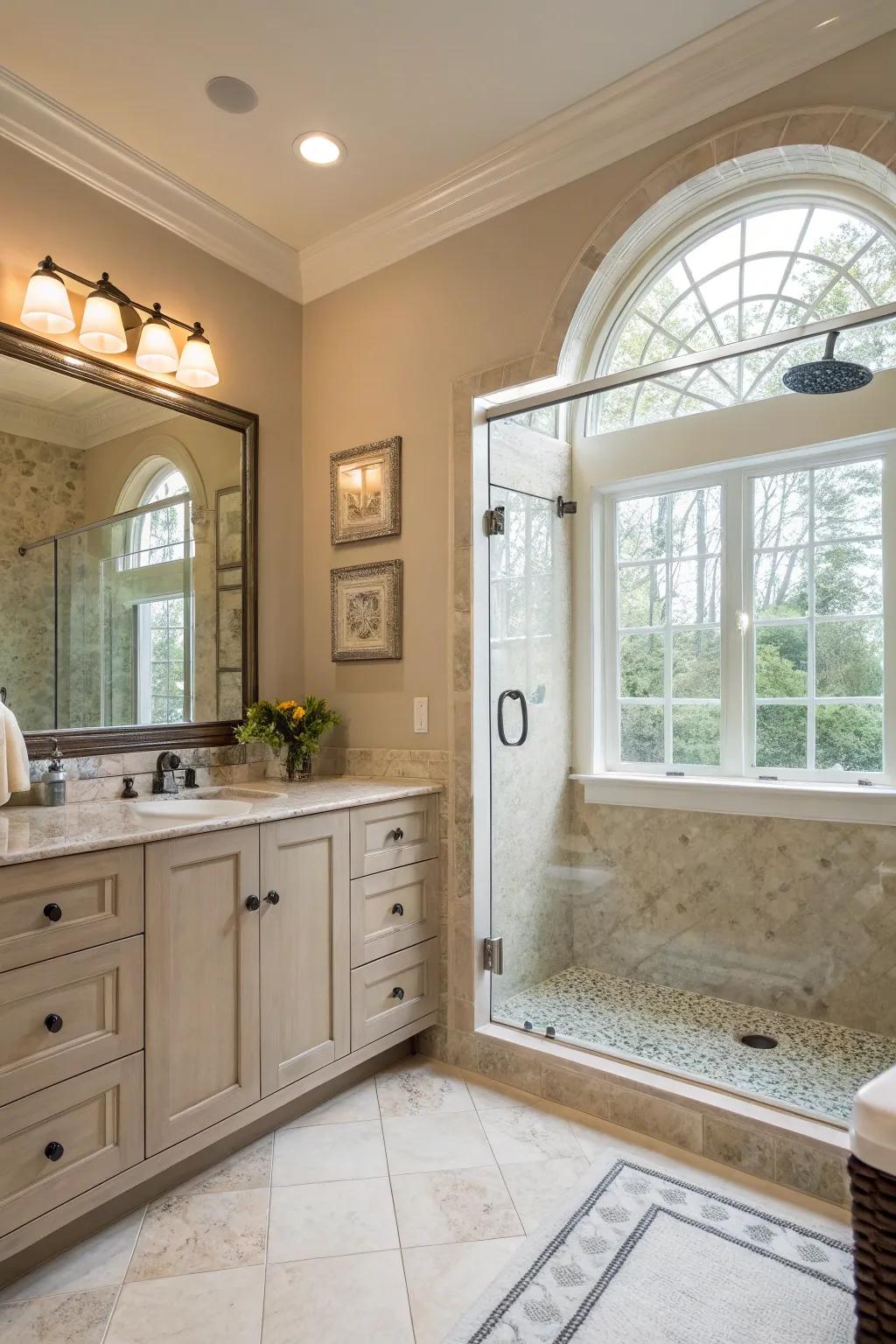 A transom window provides discreet natural light high in the shower area.