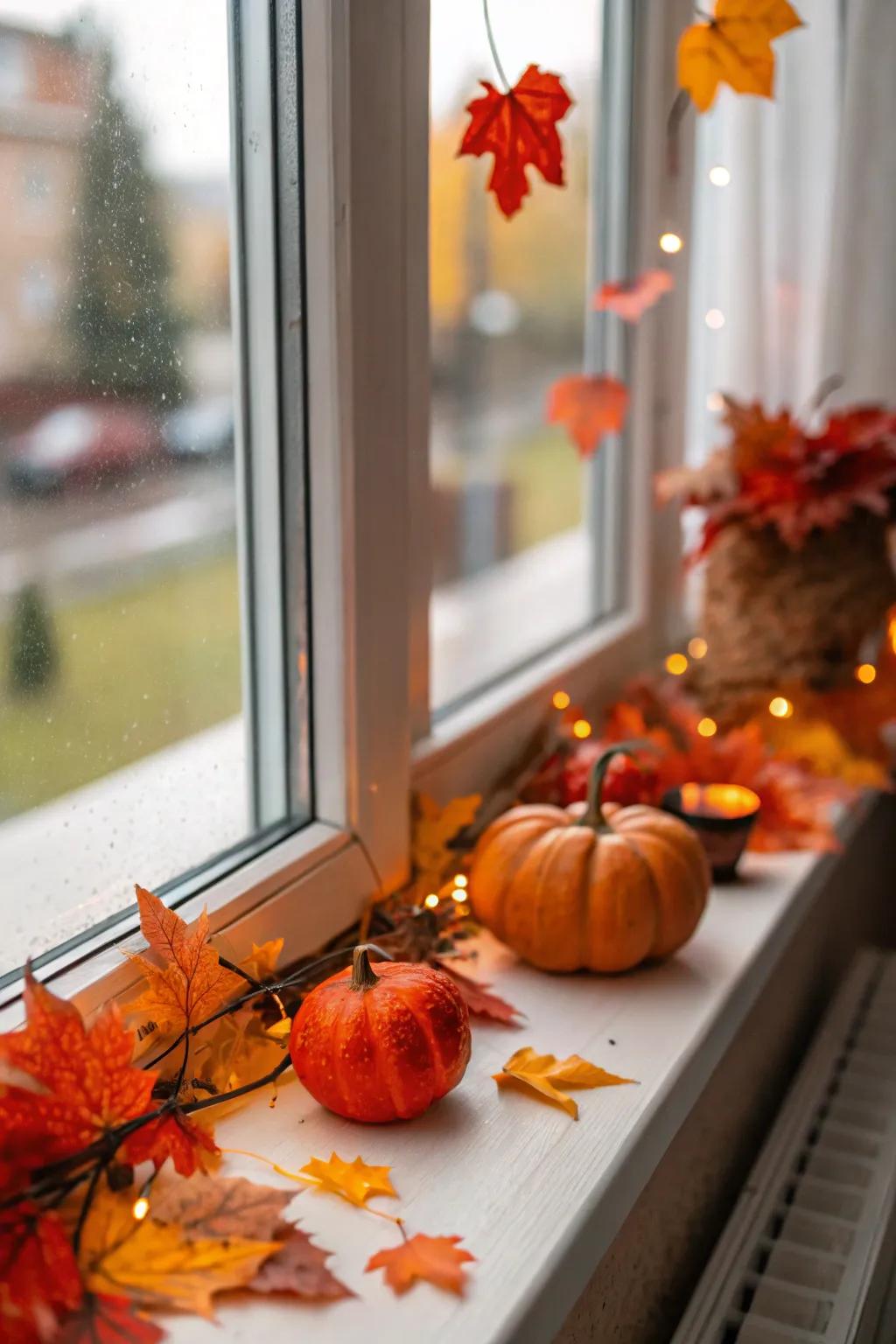 Seasonal decor with pumpkins and autumn leaves on a window sill.