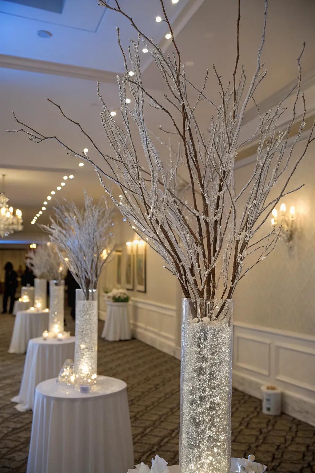 Snow-covered branches bring a touch of nature indoors.