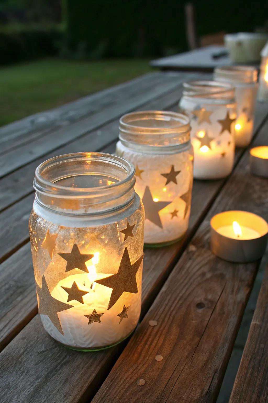 Mason jar lanterns create a starry glow, perfect for the solstice night.