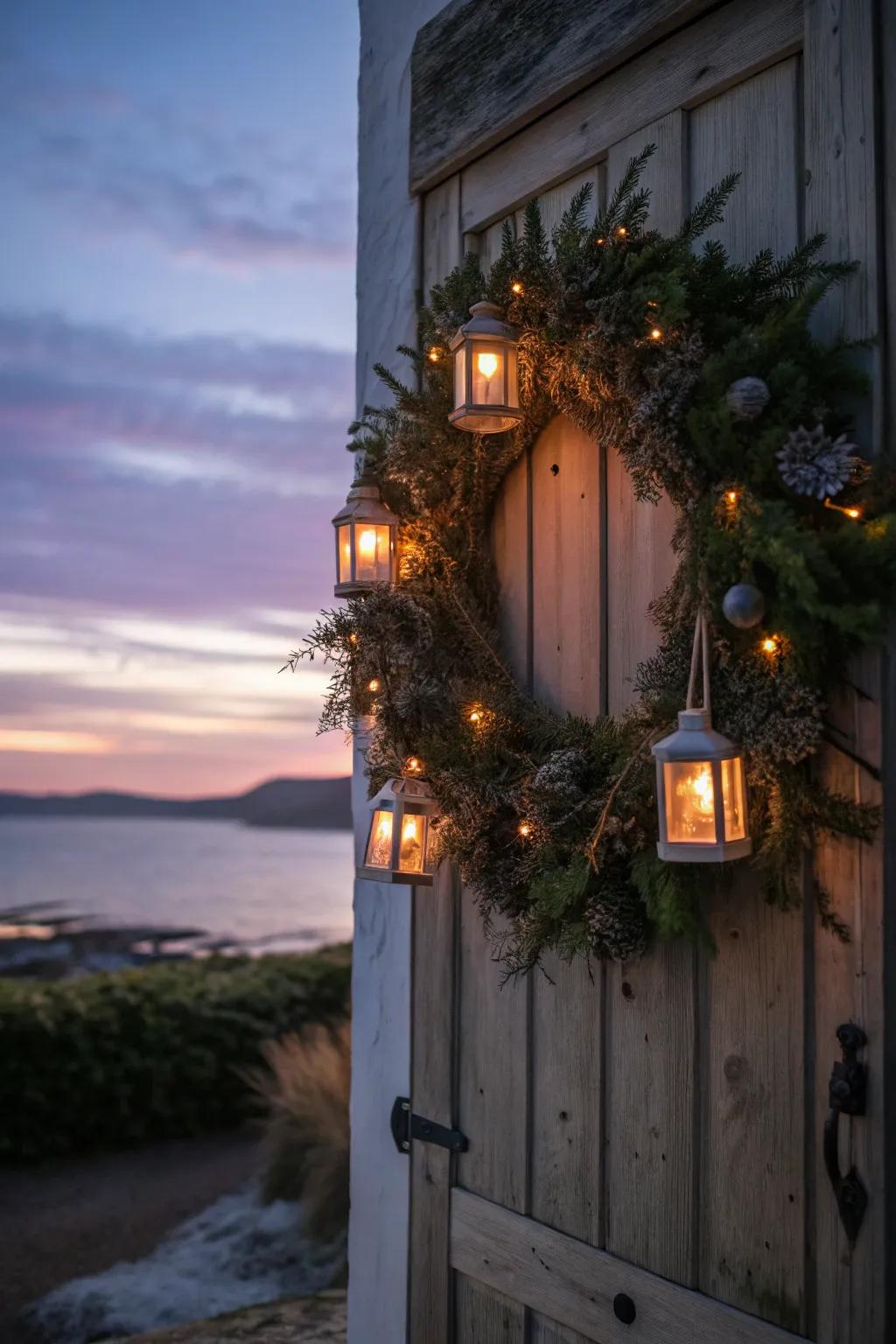 Lanterns light up this wreath, creating a magical winter glow.