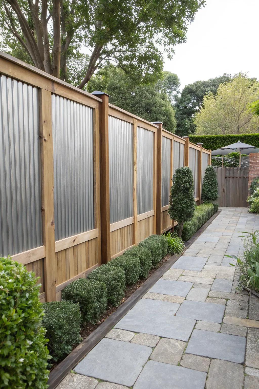 A rustic-modern fence with corrugated metal and wooden frames.