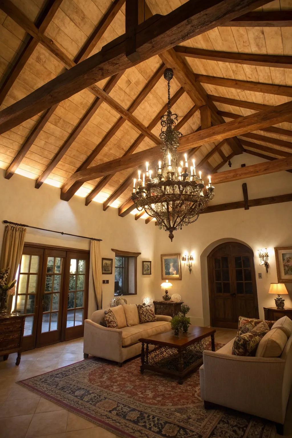 Elegant chandelier highlighting the wood beams in a living room.