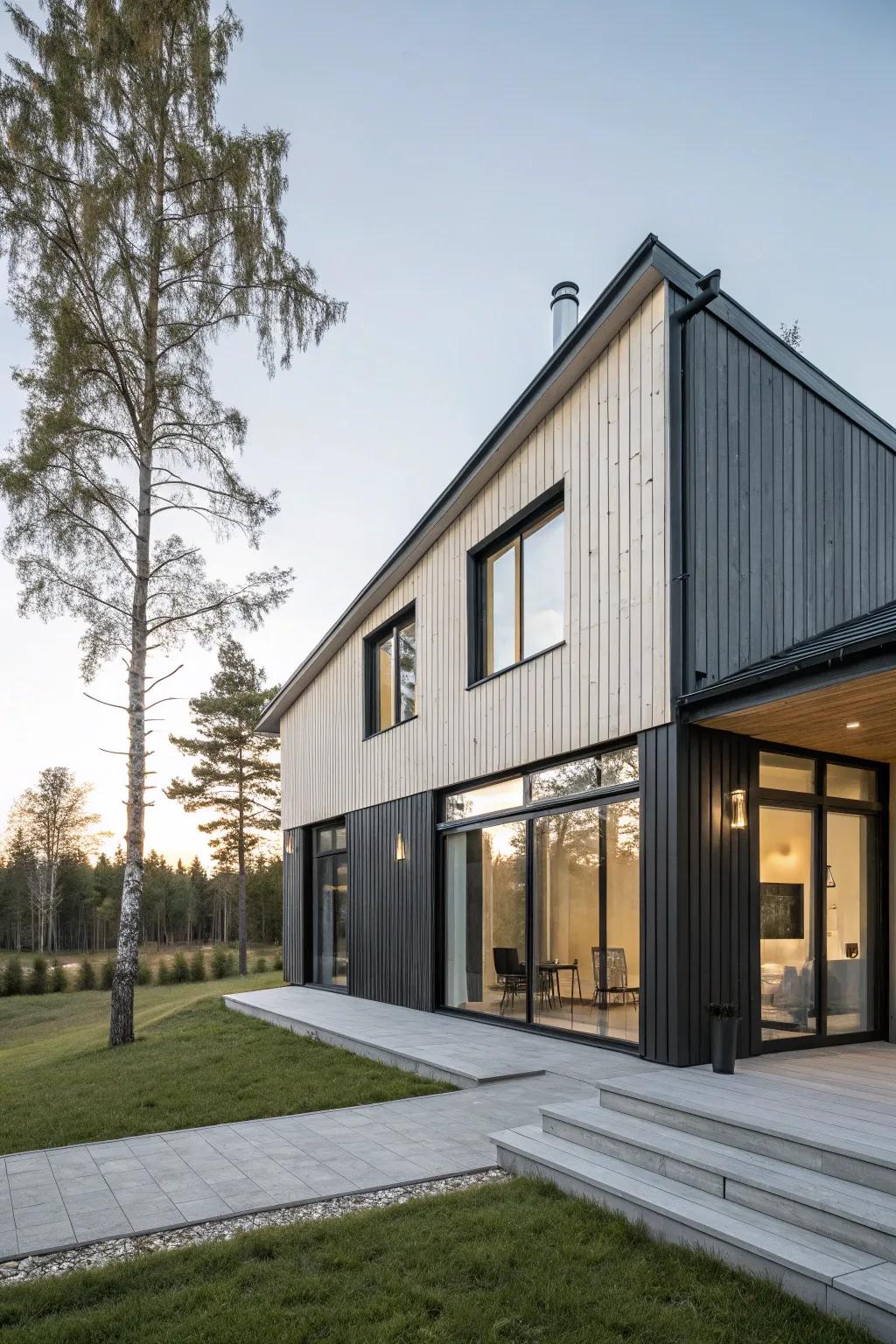 A sleek wooden house with a minimalistic modern design using charcoal and white.