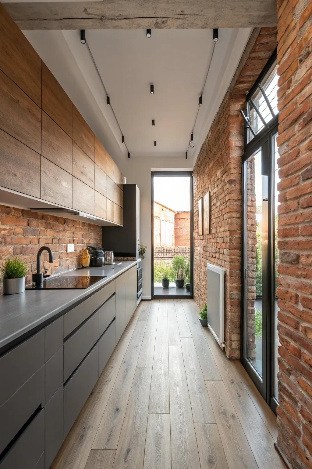 A modern kitchen with a versatile brick bond wood floor.