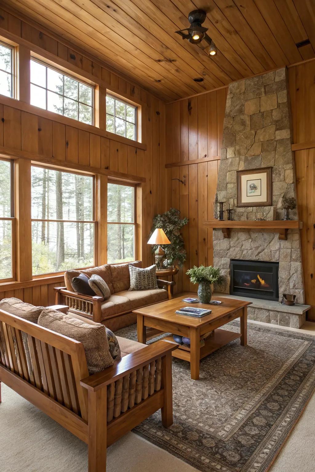 A cohesive living room with integrated wood tones.