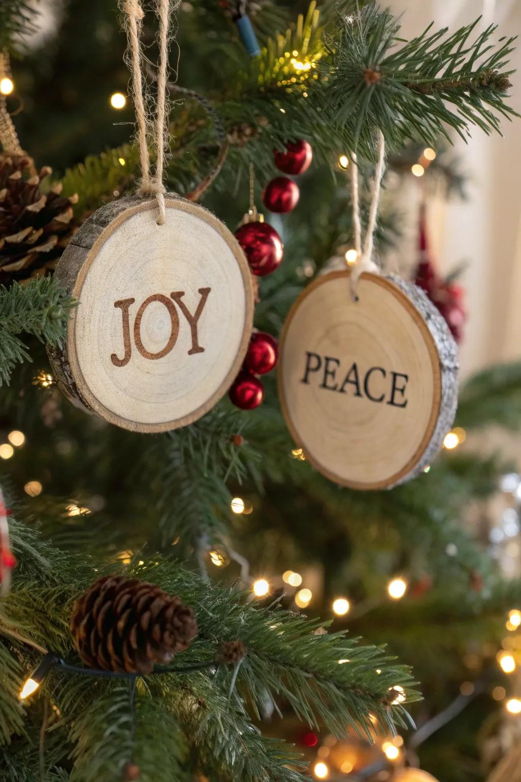 Festive phrases stamped onto wooden circle ornaments.