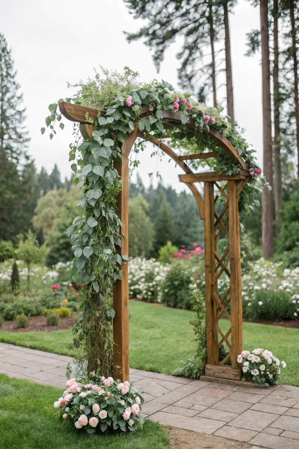 Natural greenery turns your arch into a botanical wonderland.