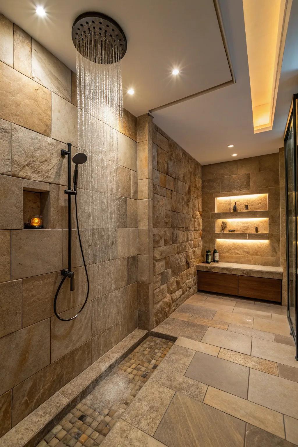 A rainfall shower adds a soothing element to any zen bathroom.