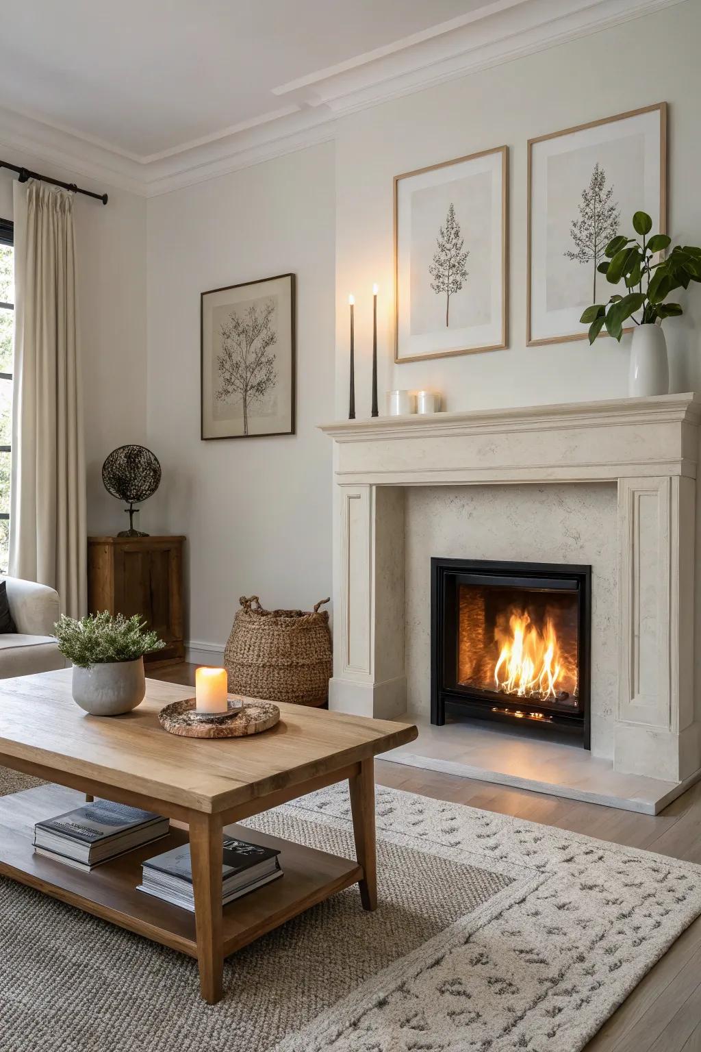 Minimalist decor creates a sleek and modern look above the fireplace.