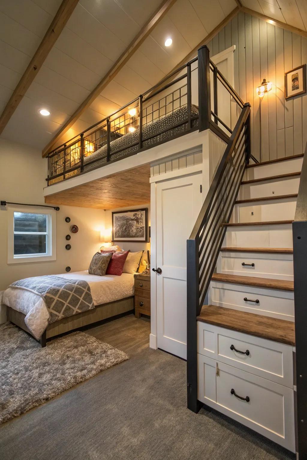 Lofted bedrooms make efficient use of vertical space in ADUs.