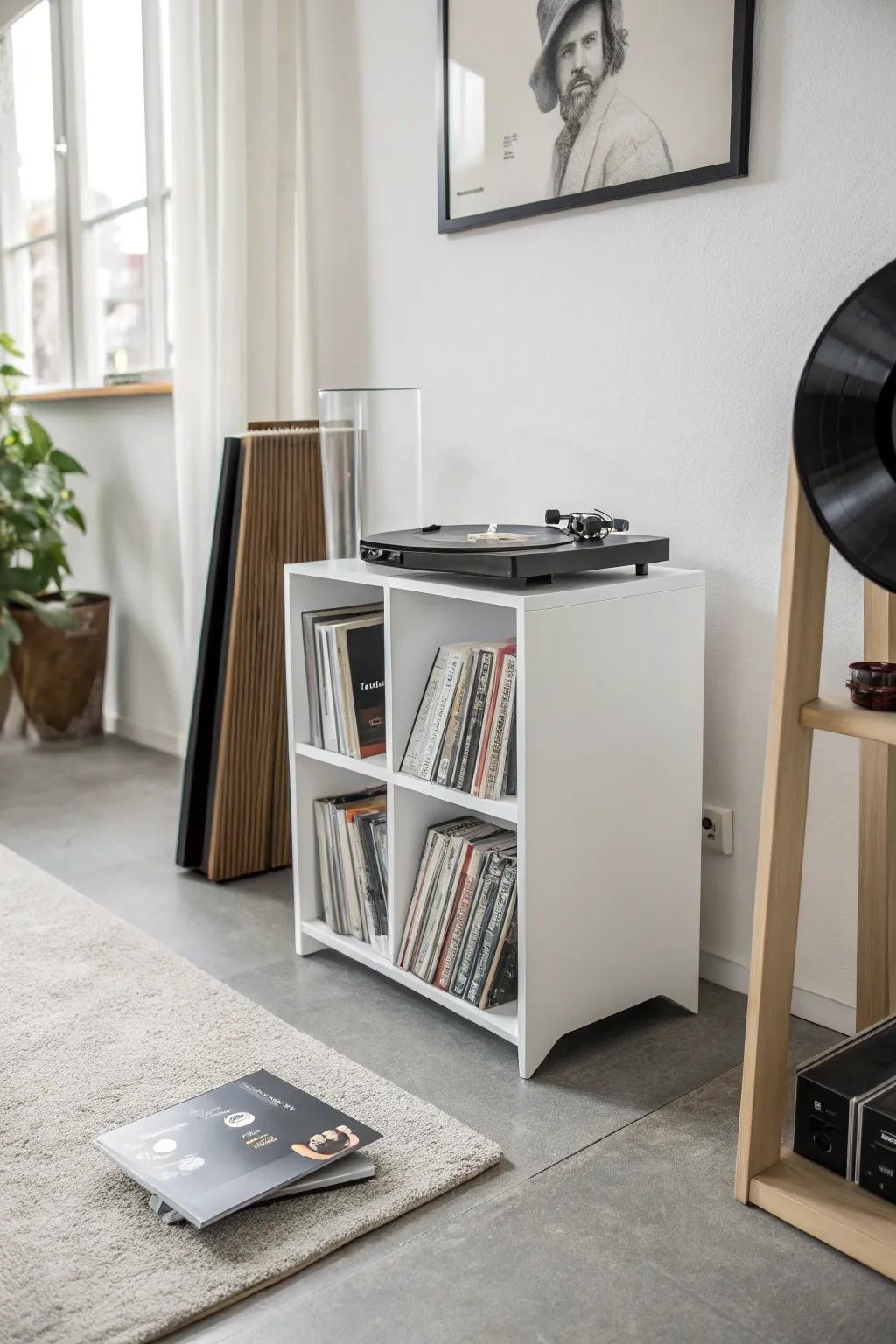 A vinyl record stand combining practicality and elegance.