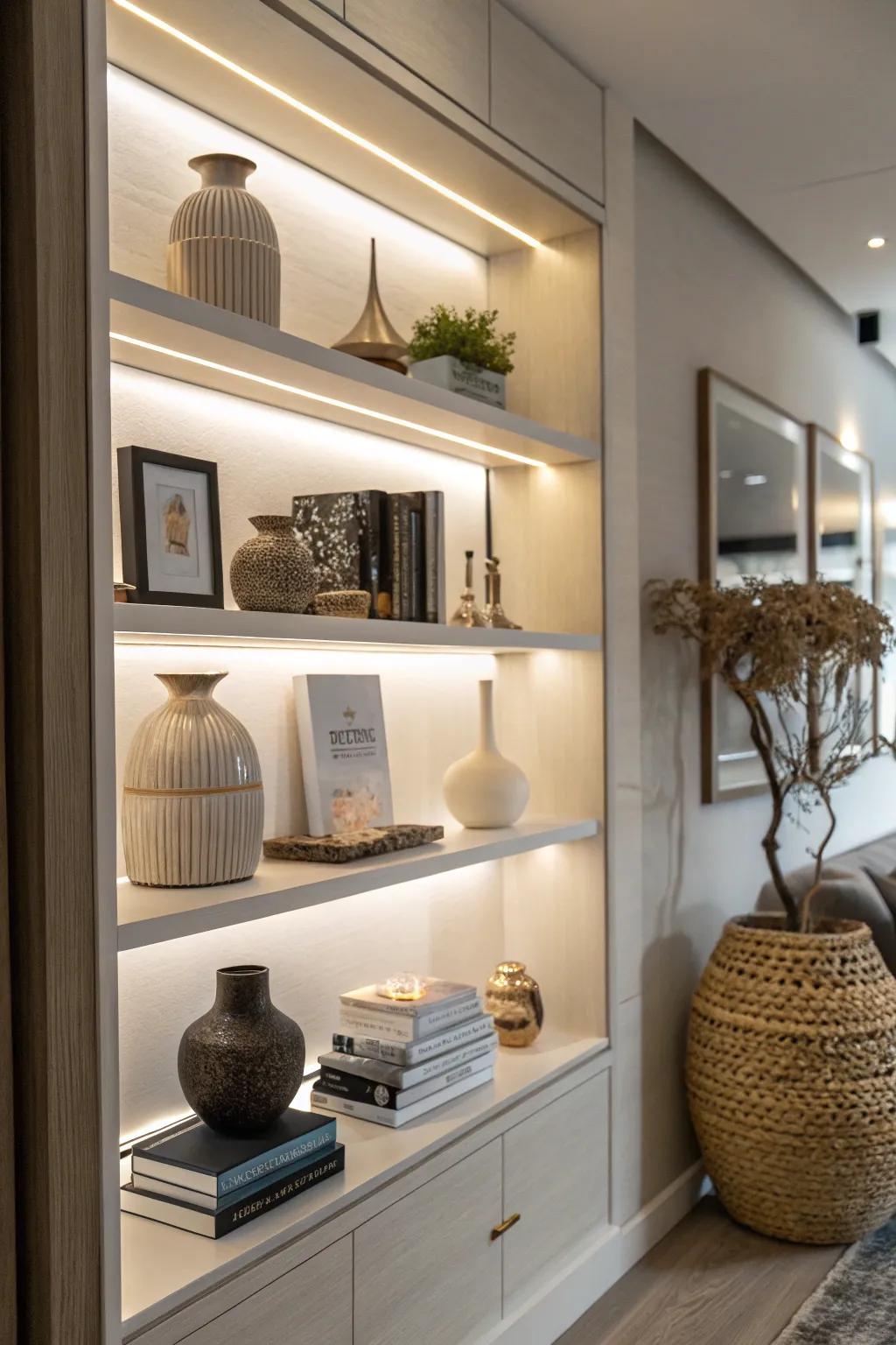 Enhance your shelves with integrated lighting for a warm glow.