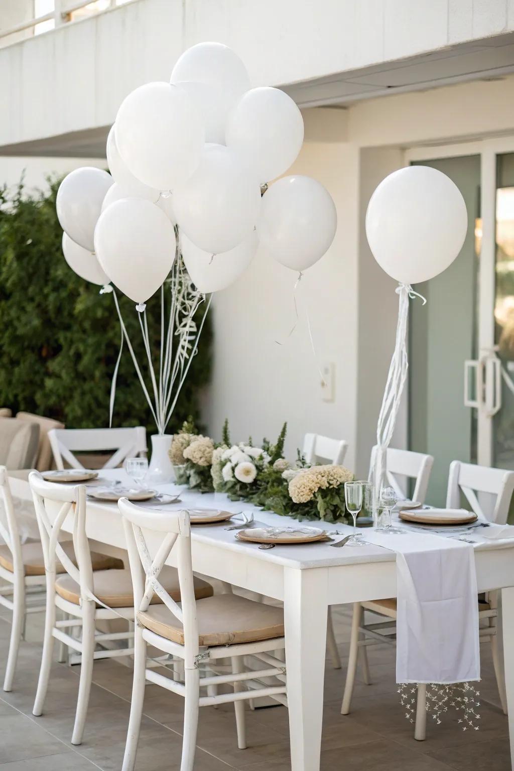 White balloons add a whimsical charm to the dinner party atmosphere.