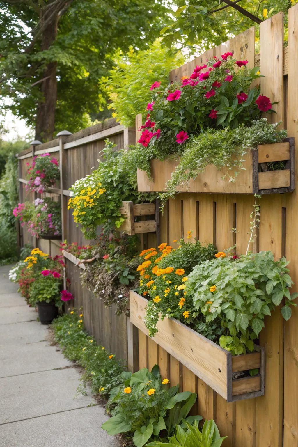 Vertical planters utilize fence space creatively.