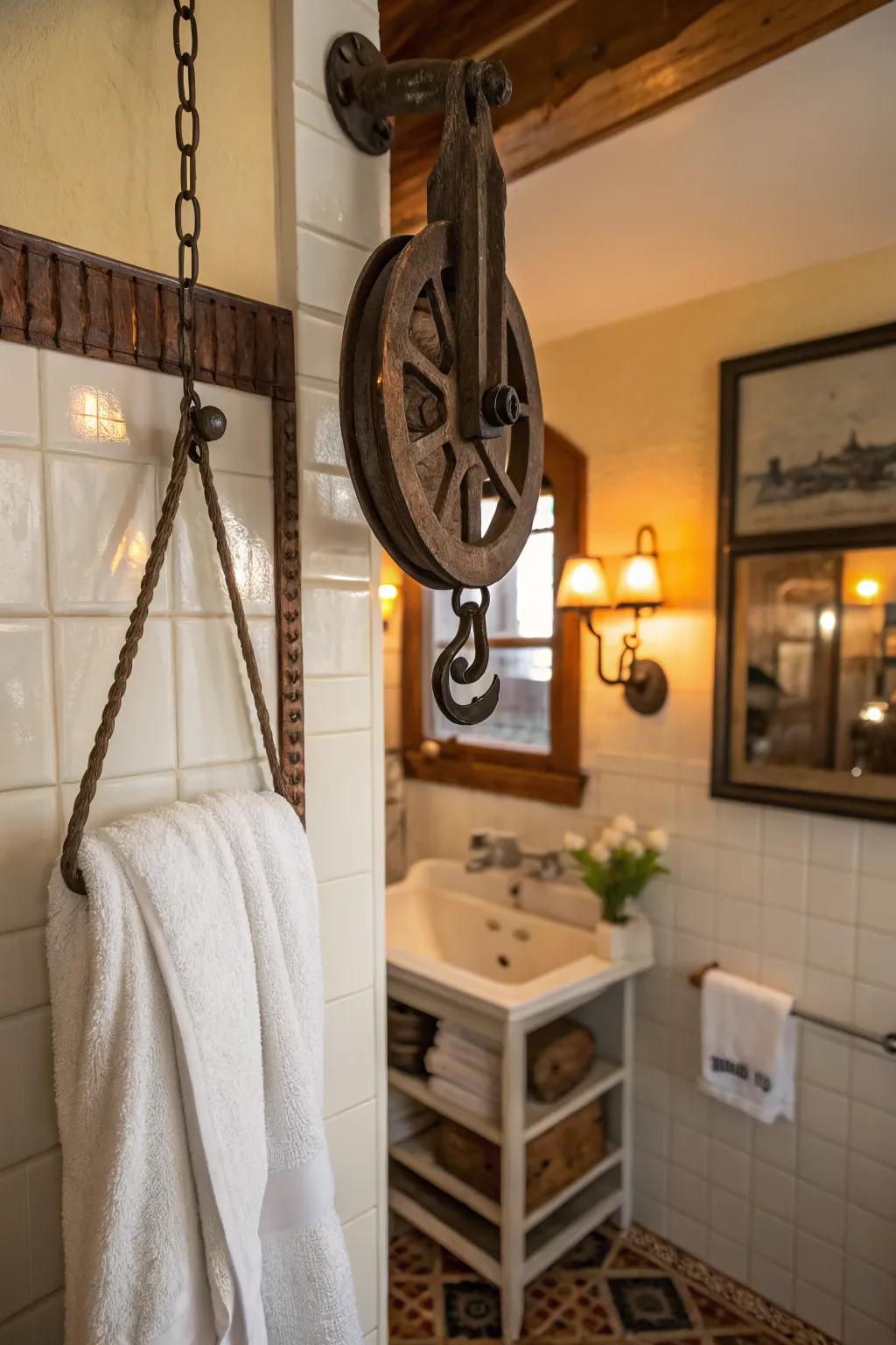 A vintage pulley gives a unique twist to bathroom storage.