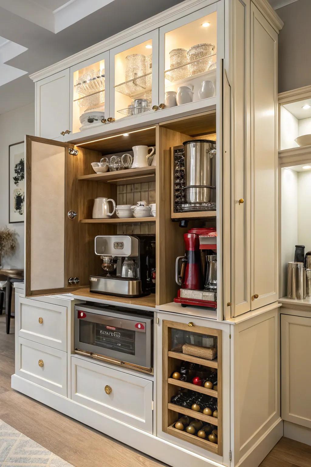 Multi-level storage accommodates a variety of appliances, optimizing space and organization.