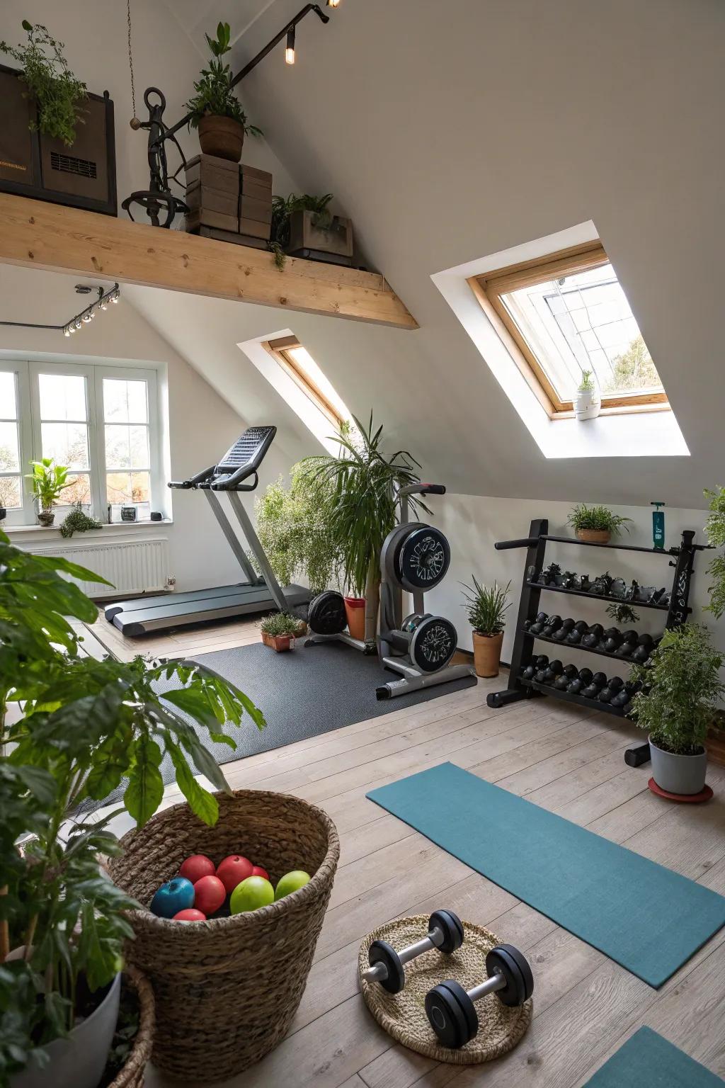 Greenery adds life and freshness to your attic gym.