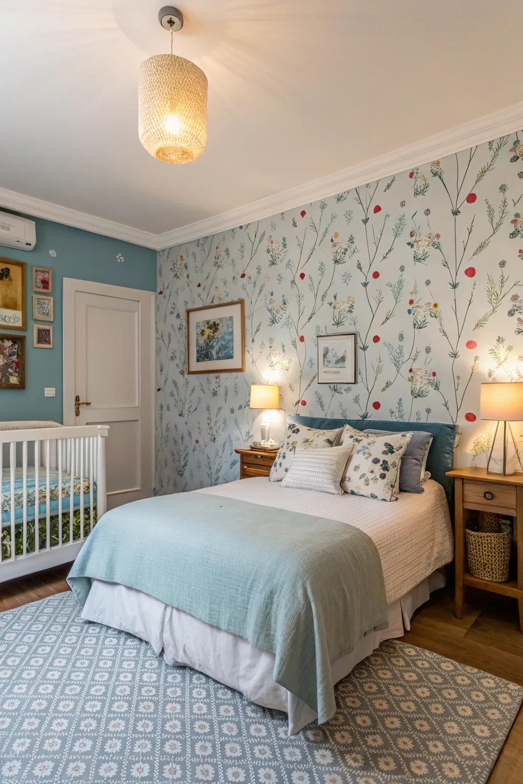 A striking feature wall adds personality to a serene blue bedroom.