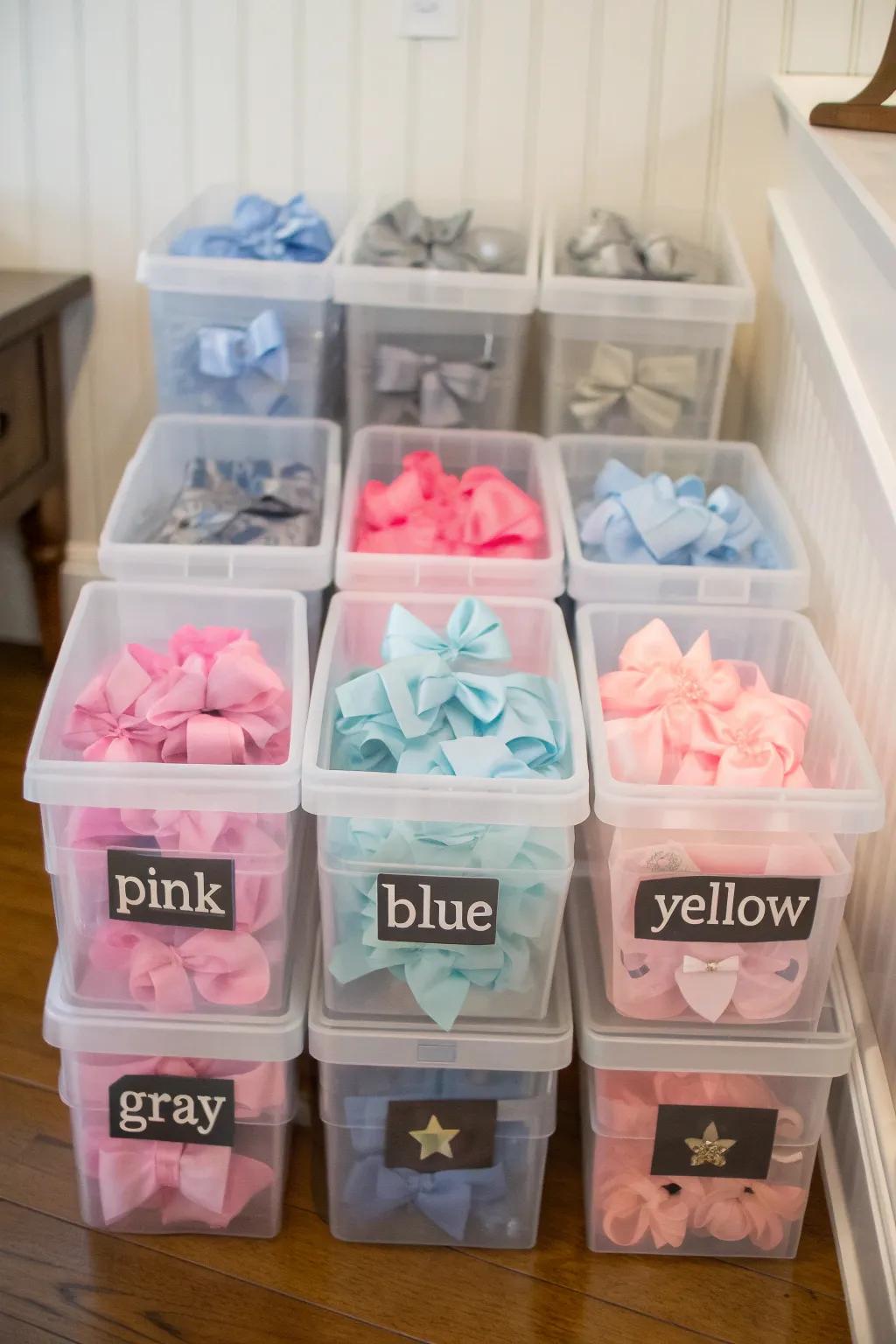 Color-coordinated storage for a visually appealing display.