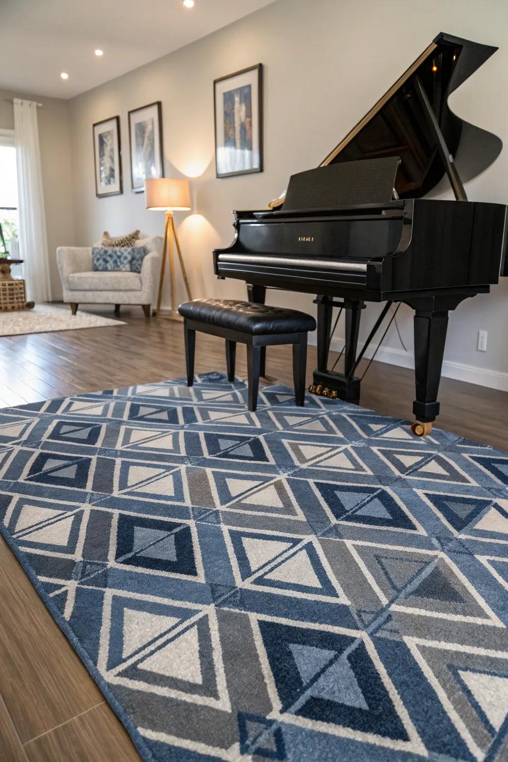 A patterned rug adds texture and defines the piano area.