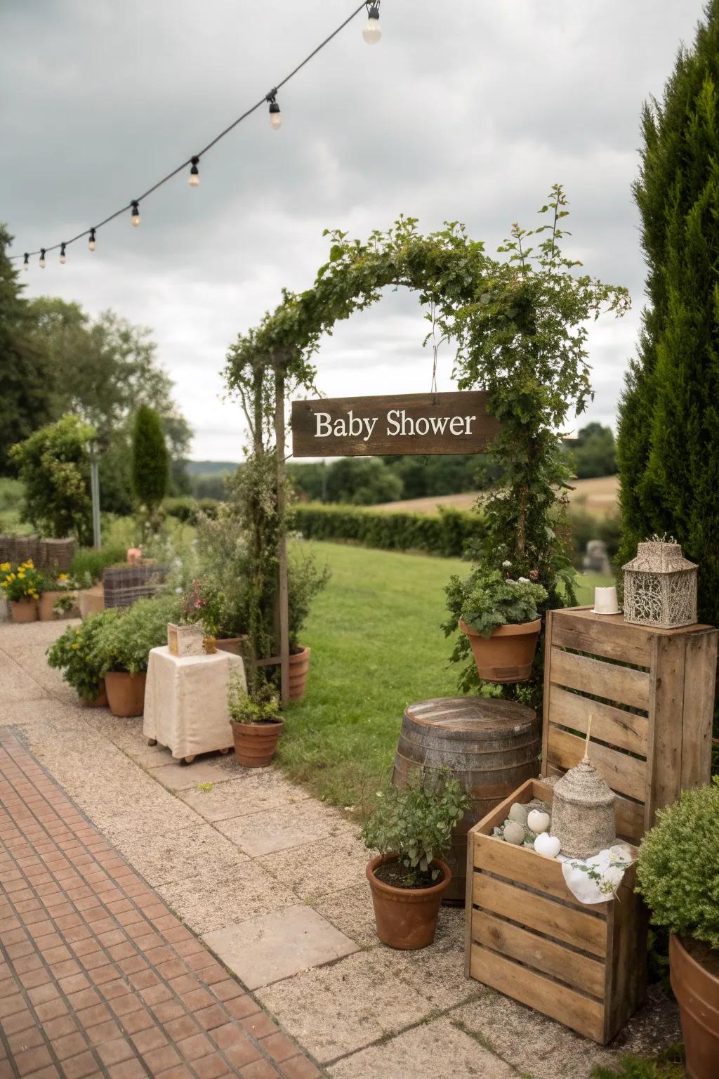 Rustic props add charm and character to the baby shower entrance.