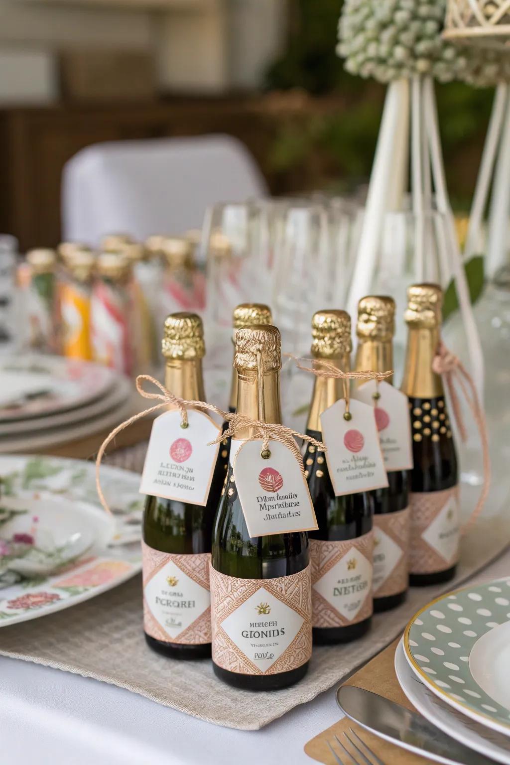 Mini champagne bottles add a festive flair.