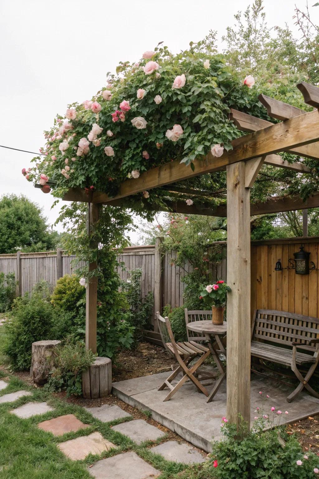 A pergola transforms a corner into a shaded oasis.