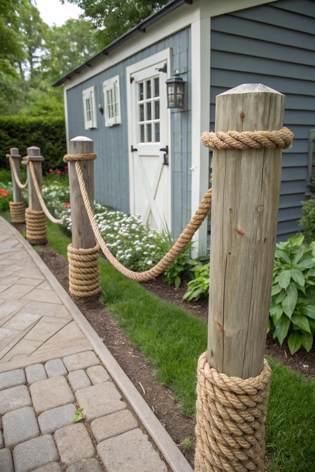 Achieve a rustic look with rope-wrapped posts in your backyard.