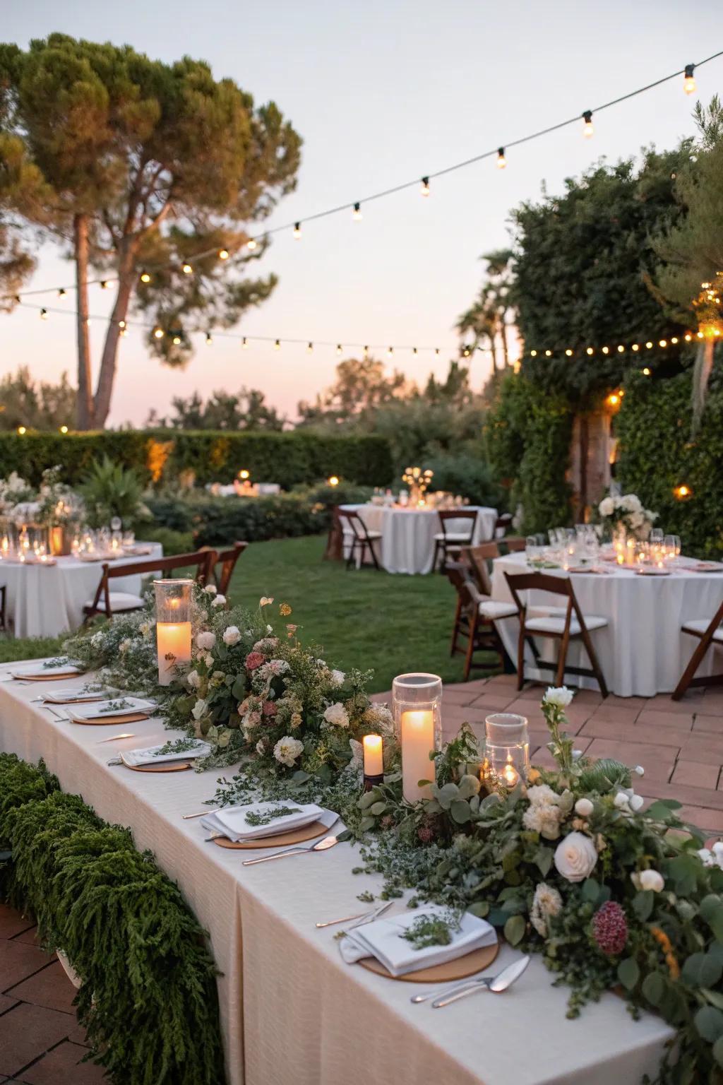 Elegant reception tables set with greenery and candles create a serene atmosphere.