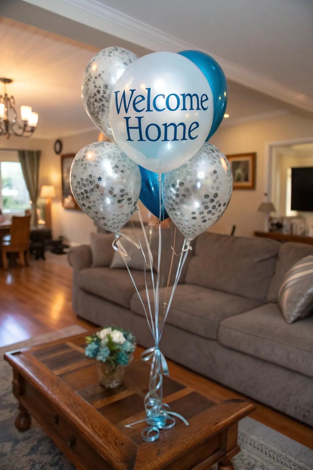 A special 'Welcome Home' balloon arrangement that makes a grand statement.