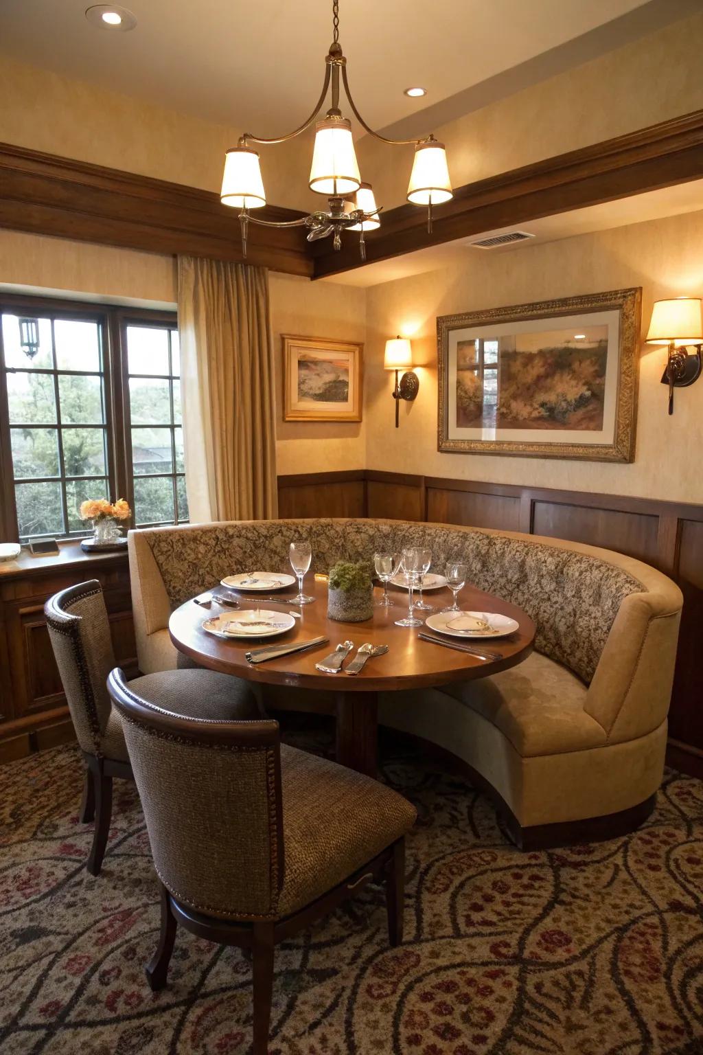 A cozy dining area featuring round banquette seating for intimate gatherings.