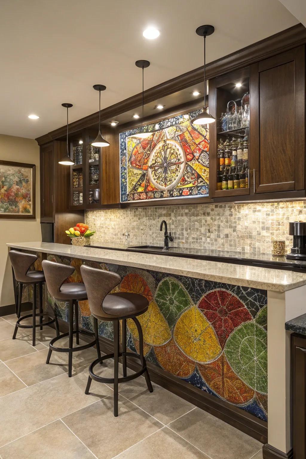 A home bar featuring a creative mosaic tile backsplash in various colors.