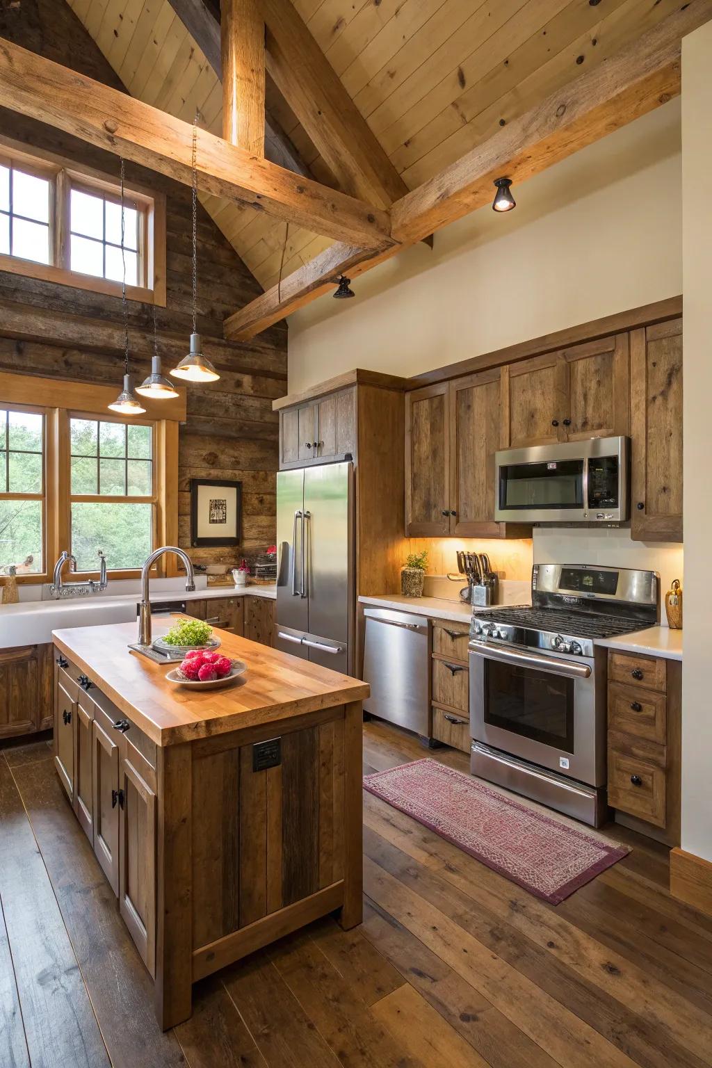 A kitchen blending modern appliances with rustic wood touches.